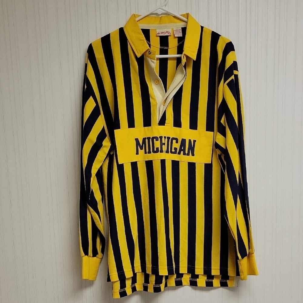 Nutmeg Mills Striped Maize and Blue Michigan Rugby Shirt, Men's Large